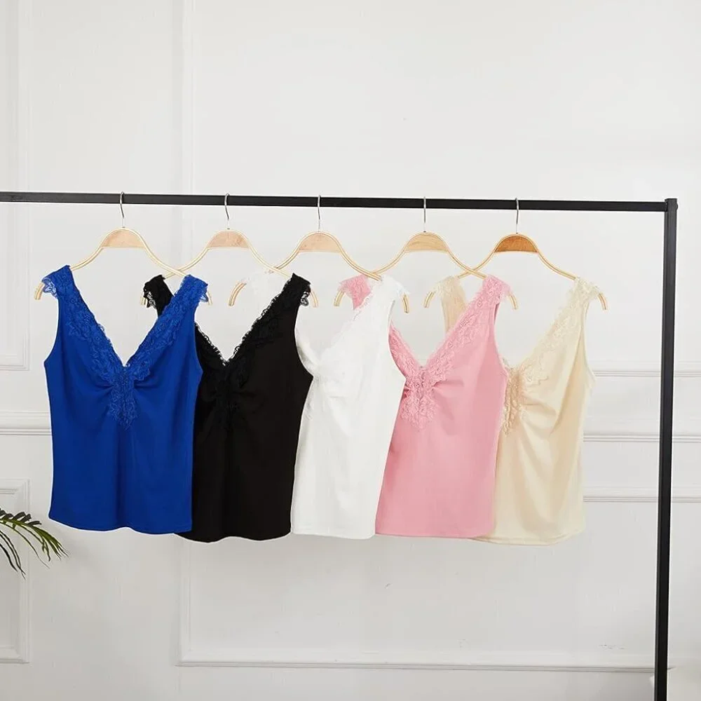 Womens Lace V Neck Tank Top Slim Fit Summer Camisole Lightweight - Picture 7 of 8